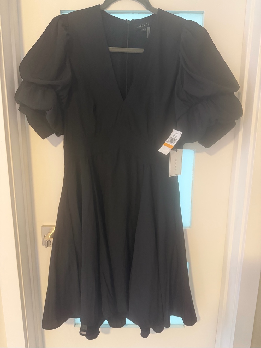 1. State Black V-Neck Puff-Sleeve Fit-and-Flare Mini Dress